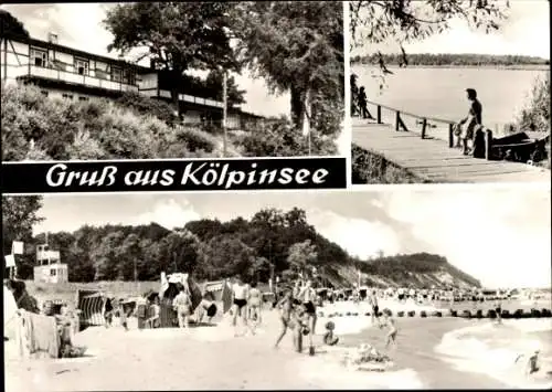 Ak Ostseebad Kölpinsee auf Usedom, HOG Seerose, Strand, Steg am Kölpinsee