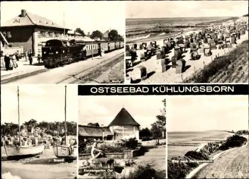 Ak Ostseebad Kühlungsborn, Bahnhof, Molli, Strand, Konzertgarten Ost, Weg nach Heiligendamm