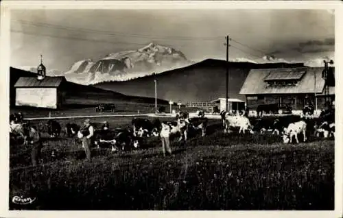 Ak Col de Aravis Haute-Savoie, Hütte, Kapelle, Kühe