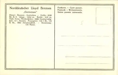 Ak Reichspost-Dampfer Gneisenau, Norddeutscher Lloyd Bremen