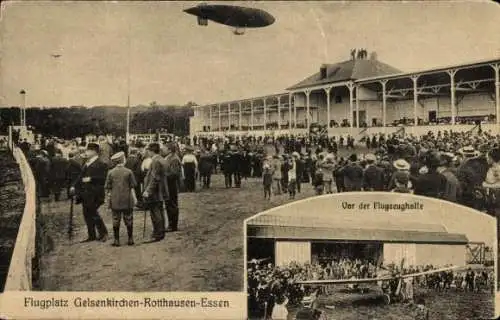 Ak Rotthausen Gelsenkirchen Westfalen, Flugplatz, Flugzeughalle, Zeppelin