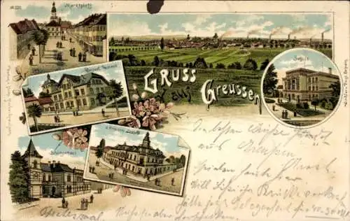 Litho Greußen Thüringen, Gasthof, Schule, Schützenhaus, Gasthaus z. Prinzen Leopold