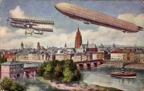 Künstler Ak Frankfurt am Main, Zeppelin, Flugzeug, Internationale Luftschifffahrts-Ausstellung