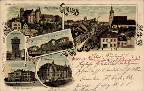 Litho Wurzen in Sachsen, Jäger-Kaserne, Kgl. Gymnasium, Post, Wasserturm
