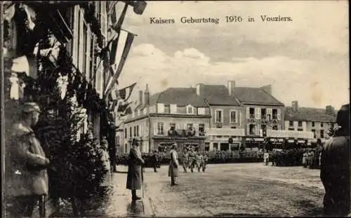 Ak Vouziers Ardennes, Kaisers Geburtstag 1916, Fest, Deutsches Geschäft