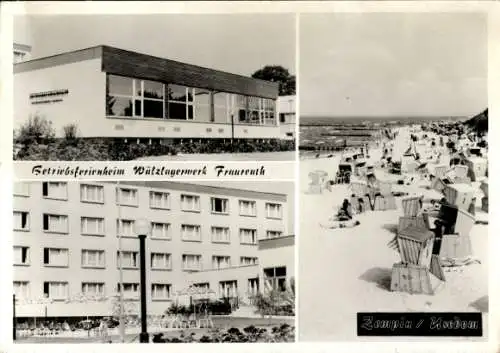 Ak Ostseebad Zempin auf Usedom, Betriebsferienheim Wälzlagerwerk Fraureuth, Strand, Strandkörbe