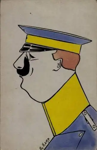 Künstler Ak Kamp, G., Mann in Uniform, Brille, Schnurrbart, Karikatur