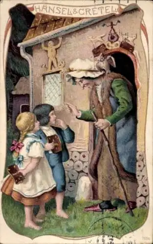 Ak Märchen Hänsel und Gretel, Alte Frau, Haus