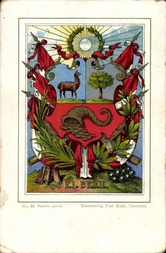 Wappen Litho Peru, Lama, Fahnen, Lorbeer, Kanonenkugeln, Verlag Paul Kohl Chemnitz Nr. 52