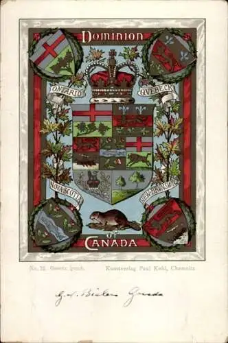 Wappen Litho Kanada, Ontario, Quebec, Landeswappen, Krone, Verlag Paul Kohl Chemnitz Nr. 75