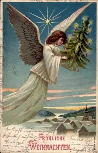 Litho Glückwunsch Weihnachten, Engel, Tannenbaum