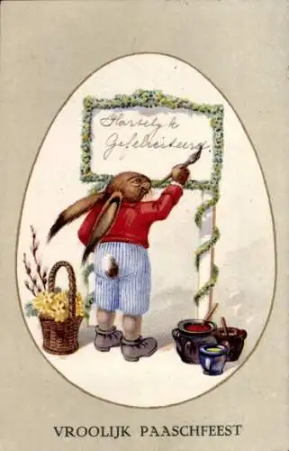 Ak Glückwunsch Ostern, Osterhase, Pinsel, Farbtöpfe, Weidenkätzchen