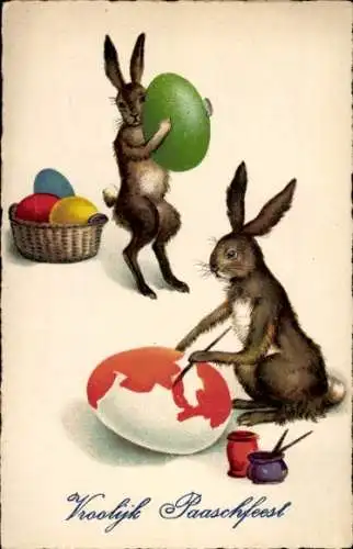 Ak Glückwunsch Ostern, Hasen bemalen Ostereier