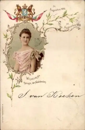 Litho Königin Wilhelmina der Niederlande, Porträt, Wappen