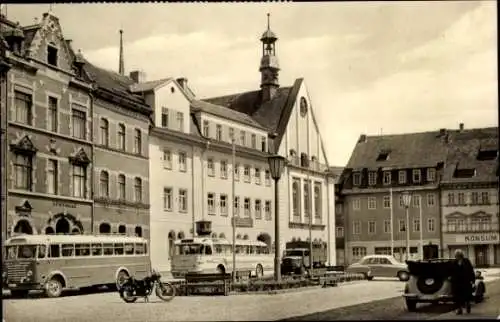 Ak Kahla in Thüringen, Markt mit Rathaus, Konsum, Busse