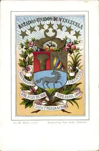 Wappen Litho Venezuela, Landeswappen,  Kunstverlag Paul Kohl Chemnitz, Nr. 53