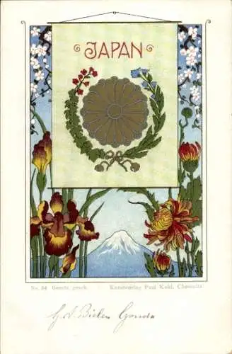 Wappen Litho Japan, Iris, Blüten, Kunstverlag Paul Kohl Chemnitz, Nr. 54