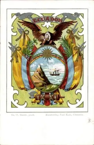 Wappen Litho Ecuador, Geier, Sonne, Regenbogen, Fahnen, Fascis, Verlag Paul Kohl Chemnitz Nr. 71