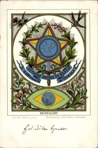 Wappen Litho Brasilien, Landeswappen, Stern, Blumen, Kunstverlag Paul Kohl Chemnitz, Nr. 73