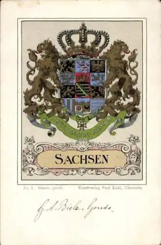 Wappen Litho Sachsen, Königlich Sächsisches Wappen, Löwen, Kunstverlag Paul Kohl Chemnitz Nr. 2