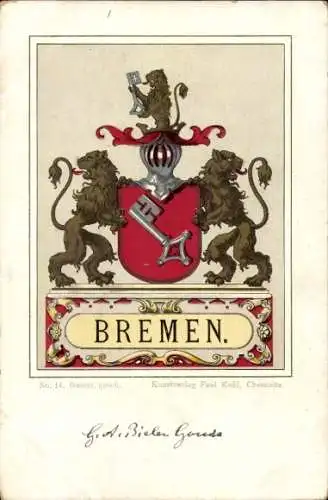 Wappen Litho Hansestadt Bremen, Löwen, Schlüssel, Kunstverlag Paul Kohl Chemnitz Nr. 14