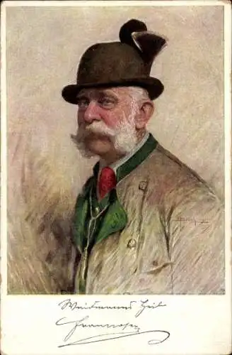 Künstler Ak Kaiser Franz Joseph I., Portrait als Jäger