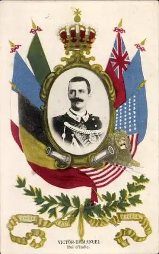 Passepartout Ak Viktor Emmanuel III., König von Italien, Fahnen