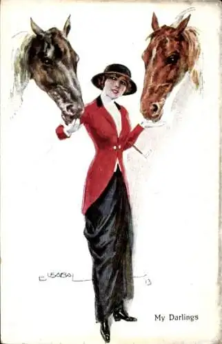 Künstler Ak Usabal, Luis, Frau, Rotes Jackett, Pferde