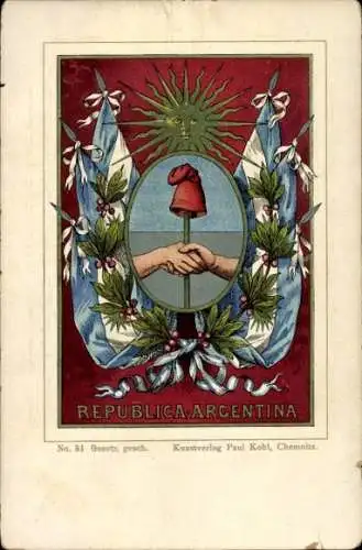 Wappen Litho Argentinien, Sonne, Mütze, Fahnen, Kunstverlag Paul Kohl Chemnitz Nr. 51