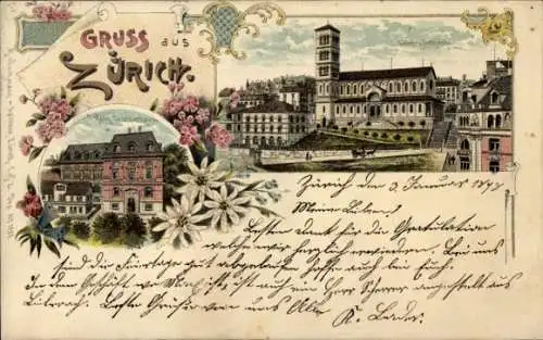 Litho Zürich Stadt Schweiz, Glückwunsch Neujahr, Liebfrauenkirche, Kath. Gesellenhaus