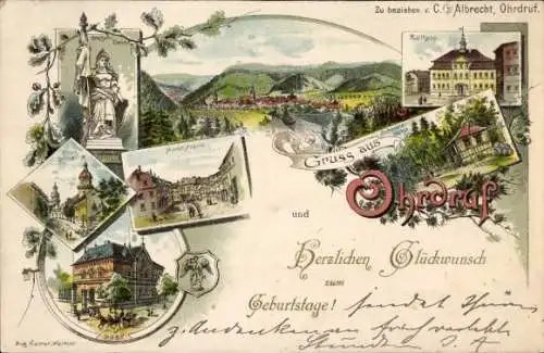 Litho Ohrdruf in Thüringen, Glückwunsch Geburtstag, Rathaus, Post, Denkmal