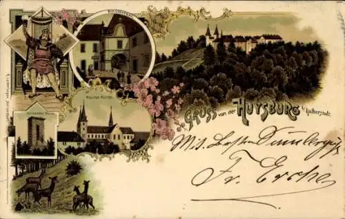 Litho Huy am Harz, Huysburg, Klosterhof, Klosterkirche, Rehe, Sargstedter Warte