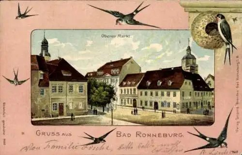 Ak Ronneburg in Thüringen, Oberer Markt, Schwalben