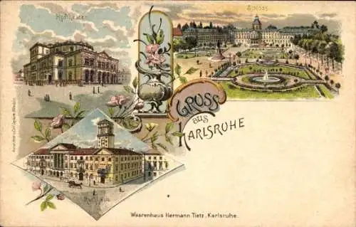 Litho Karlsruhe in Baden, Hoftheater, Schloss mit Brunnen, Rathaus