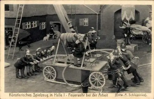 Ak Bayrische Gewerbeschau 1912 München, Künstlerisches Spielzeug, Feuerwehr bei der Arbeit