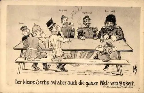 Künstler Ak Scheuermann, Willi, Der kleine Serbe hat aber auch die ganze Welt verstänkert, Karikatur