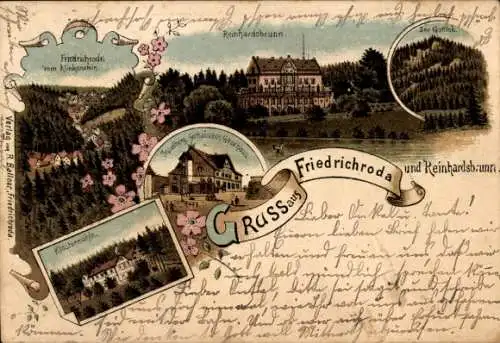 Litho Friedrichroda Thüringer Wald, Reinhardsbrunn, Gottlob, Klostermühle, Panorama v. Klinkenstein