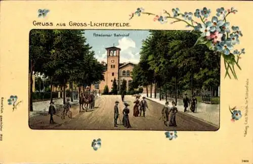 Präge Passepartout Litho Berlin Steglitz Groß Lichterfelde, Potsdamer Bahnhof, Straßenansicht