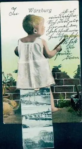 Leporello Ak Würzburg am Main Unterfranken, Brücke, Teilansichten, Kind, Mauer, Farbe, Spruch