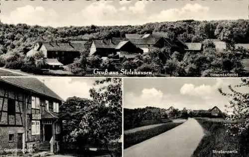 Ak Stolzhausen Waldkappel in Hessen, Gesamtansicht, Gaststätte Barth, Straße