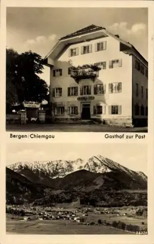 Ak Bergen im Chiemgau in Oberbayern, Gasthof zur Post, Panorama