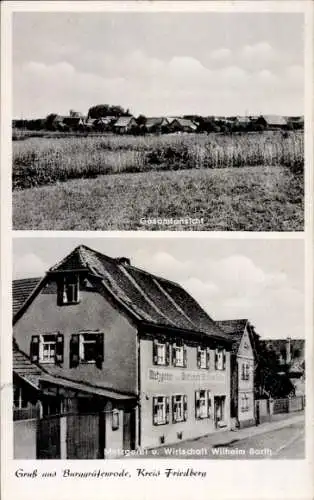 Ak Burg Gräfenrode Karben im Wetteraukreis, Metzgerei und Wirtschaft, Gesamtansicht