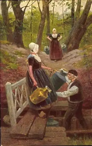 Künstler Ak Gerstenhauer, Johann Georg, Personen in niederländischen Trachten holen Wasser