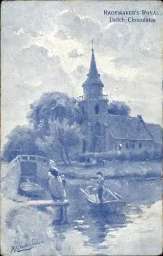 Künstler Ak Gerstenhauer, Johann Georg, niederländisches Dorfmotiv, Kirche, Kanal, Boot