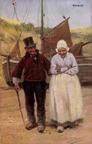 Künstler Ak Gerstenhauer, Johann Georg, Katwijk Südholland Niederlande, Paar in Tracht, Fischerboot