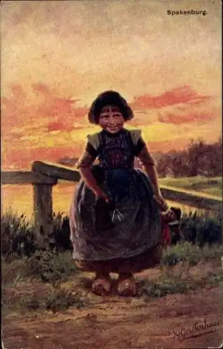 Künstler Ak Gerstenhauer, Johann Georg, Spakenburg, Mädchen mit Puppe, niederländische Tracht