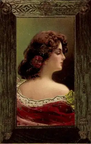 Präge Litho Portrait einer Frau mit Blume im Haar