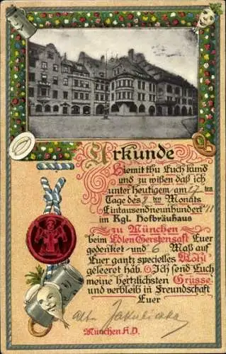 Ak München, Urkunde, Hofbräuhaus, Bierkrug, Weißwürste