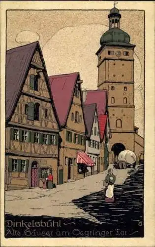 Steindruck Ak Dinkelsbühl in Mittelfranken, alte Häuser am Segringer Tor