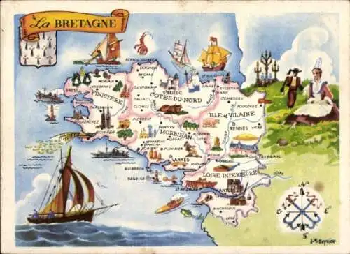 Landkarten Ak Bretagne, Trachten, Reklame Lion Noir, Cordonnerie R. Lecerf